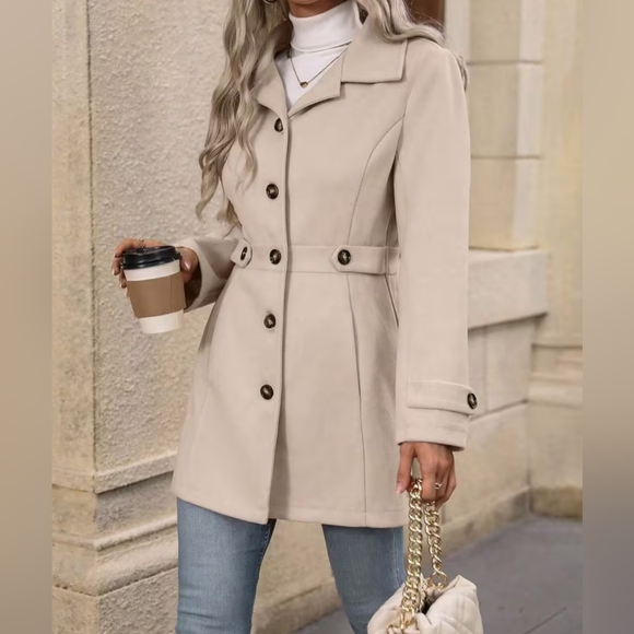 Temu Jackets & Blazers - Mid-Length Coat for Women Elegant Notched Lapel & Single-Breasted Button Design.